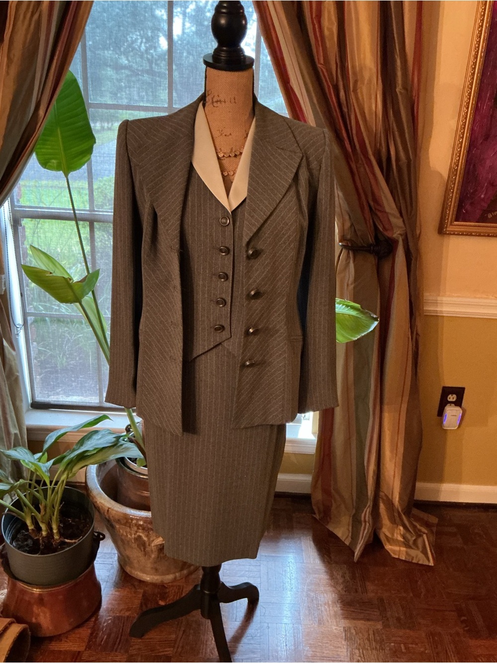 Alberto Makali Gray Pinstripe Three-Piece Skirt Suit with Vest